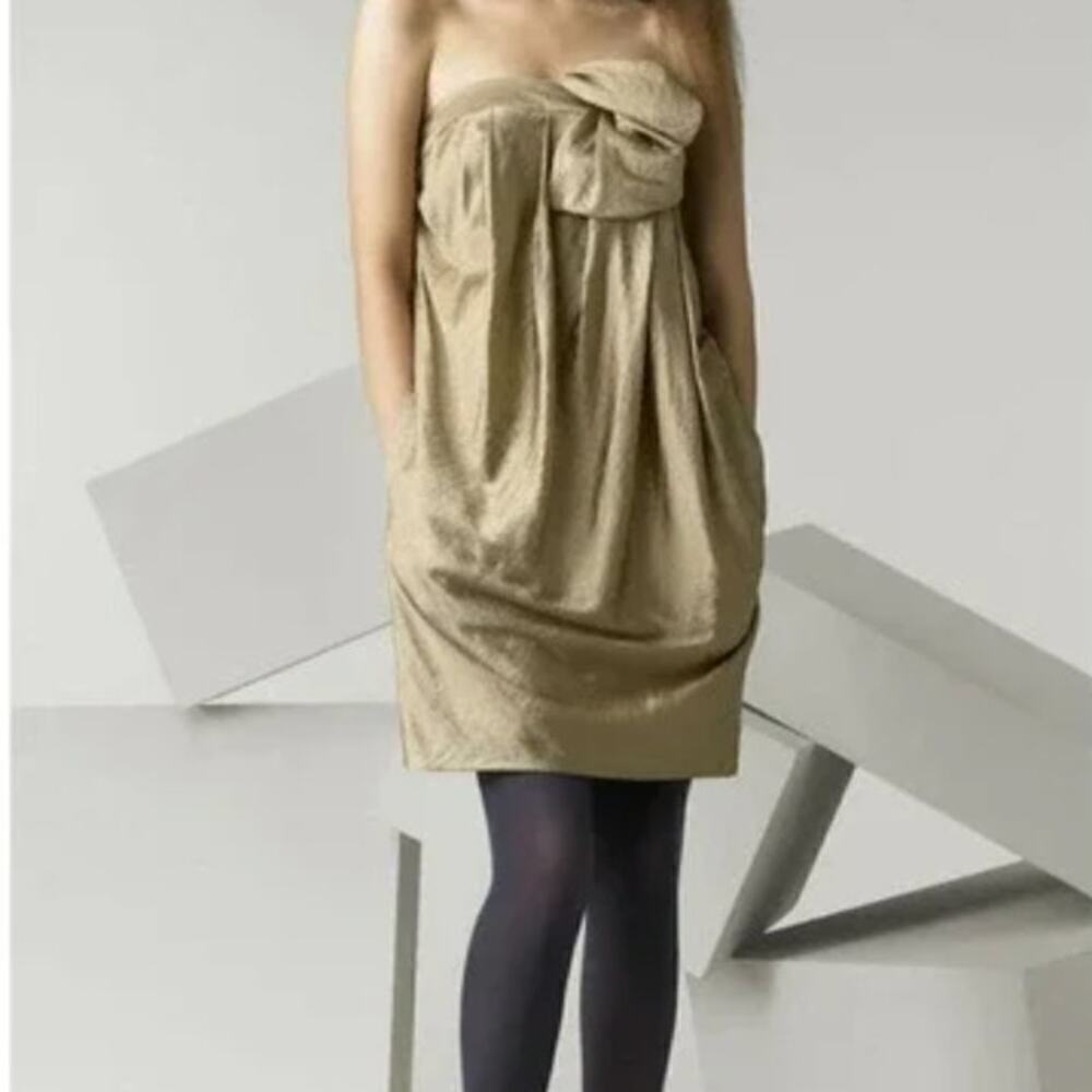 3.1 Phillip Lim Gold Lame Orchid Pleated Strapless Mini Dress • Size 4 🗣